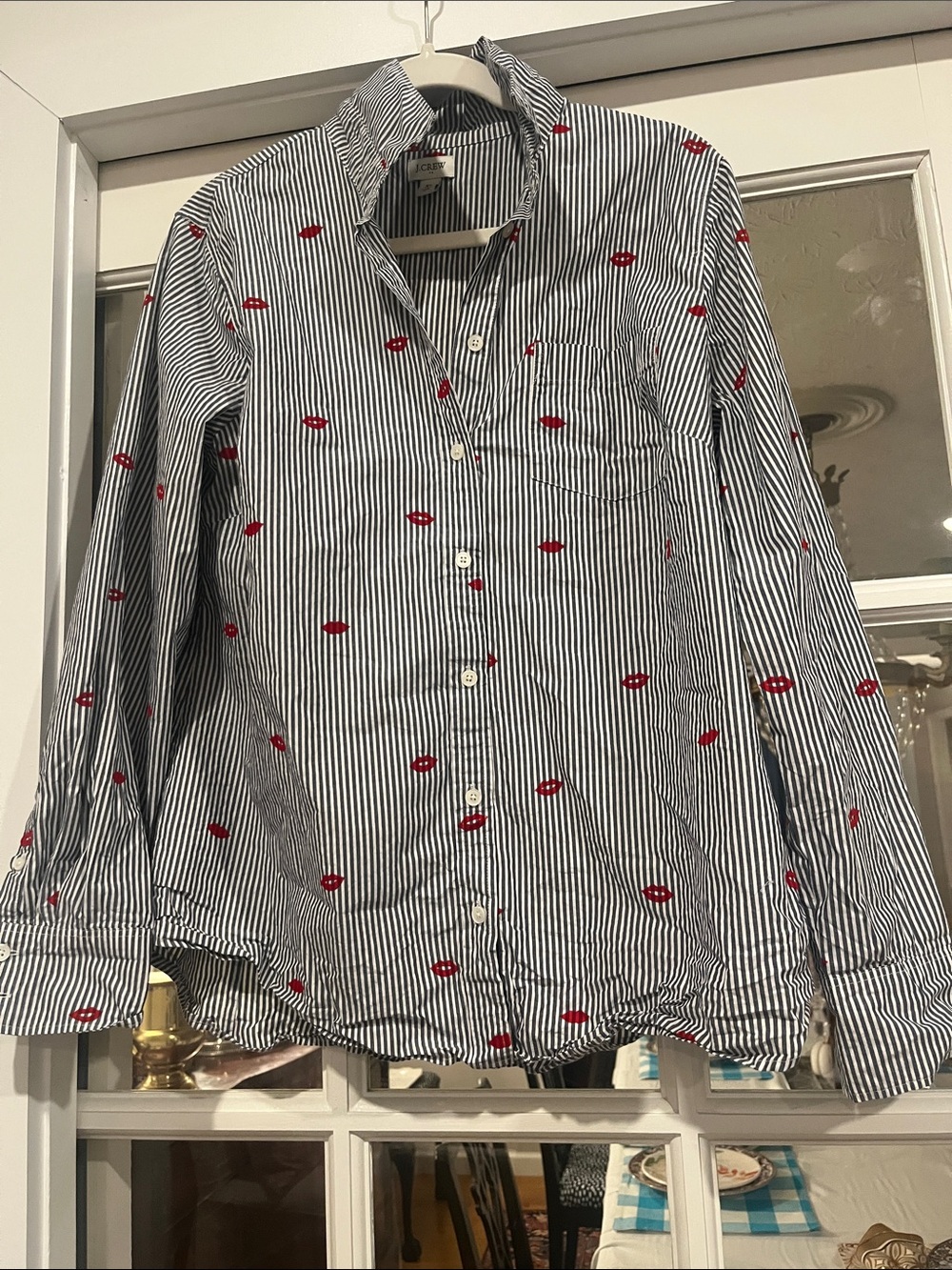 Striped Button-Up Shirt with Red Lip Print